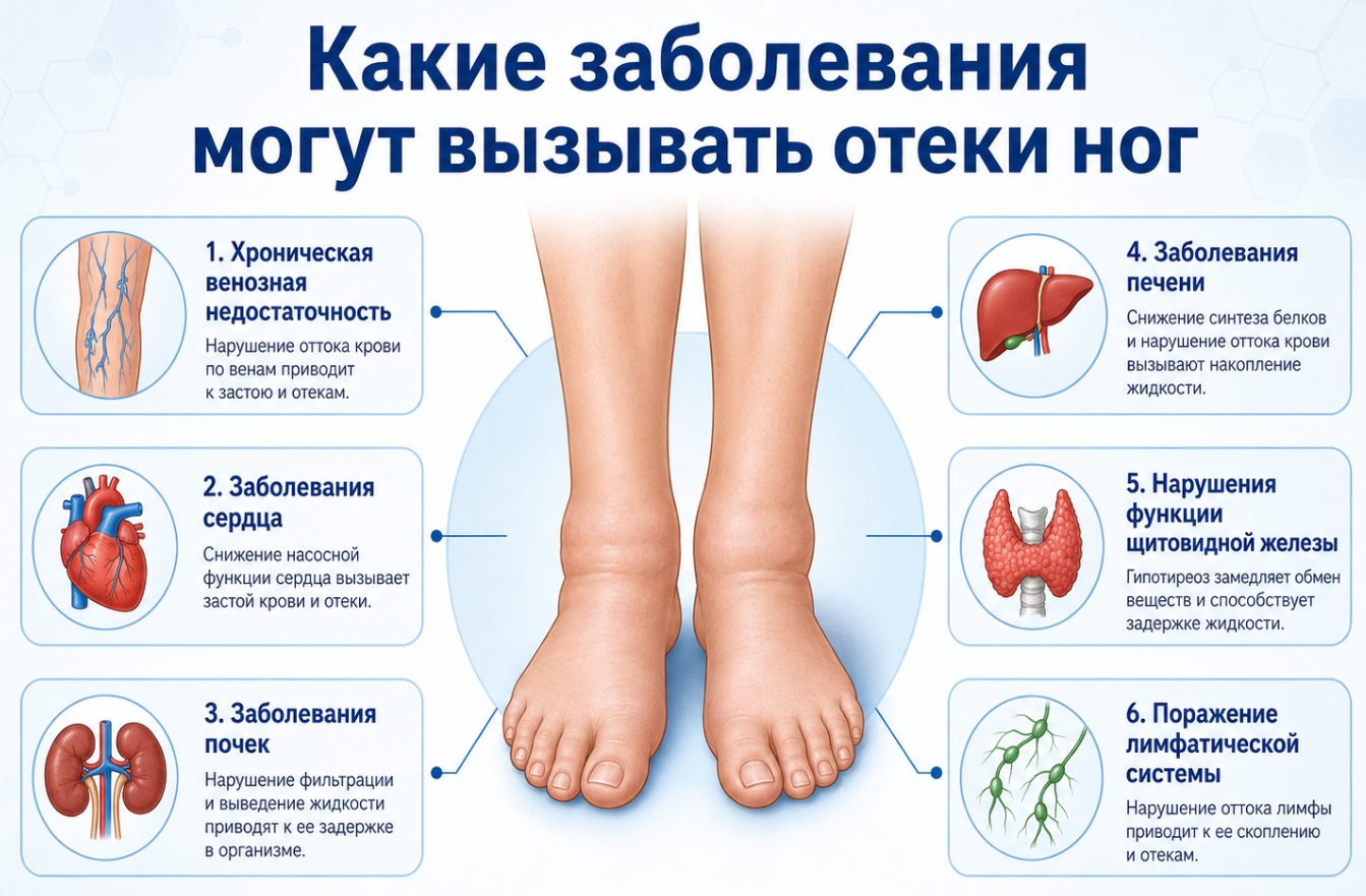 Какие заболевания могут вызывать отеки ног